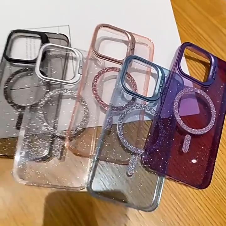 Lens Protection Stand Glitter For Magsafe Magnetic Phone Case For iPhone 16 15 14 11 12 13 Pro Max Wireless Charging Clear Cover