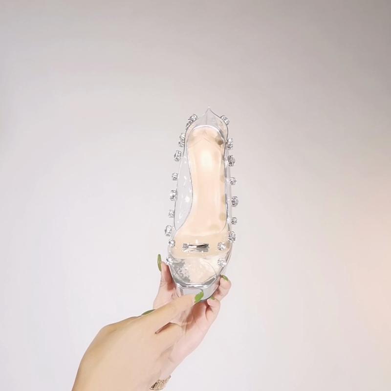 Eilyken Design Rivet Crystal PVC Transparent Women Pumps Open Toed High Heels Sandals Sexy Night Club Wedding Platform Shoes Size 35-41
