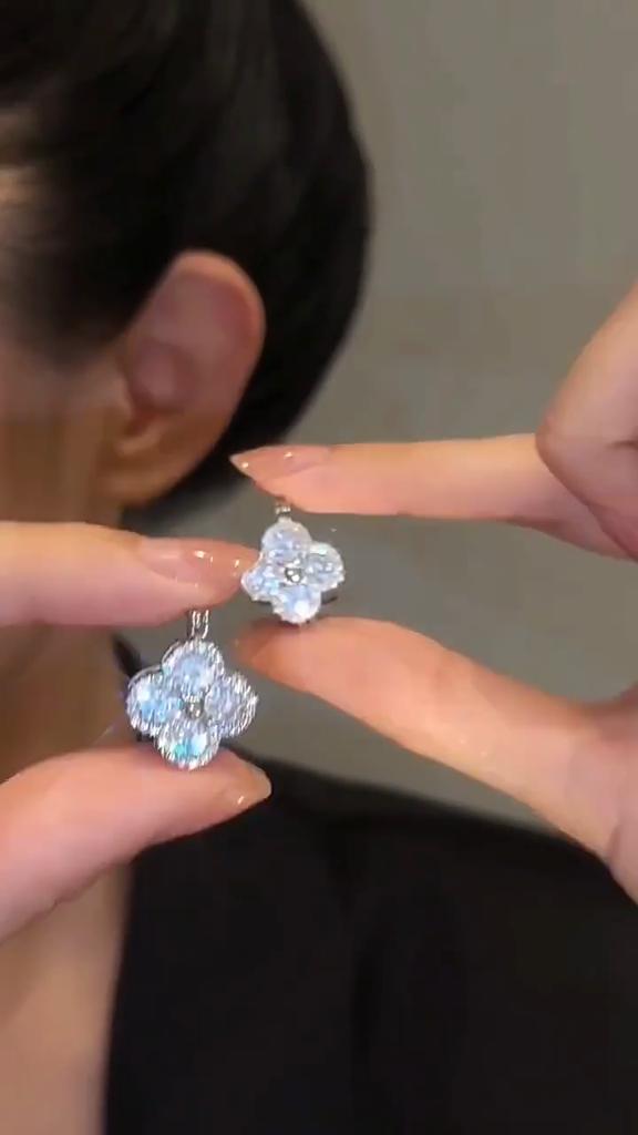 Luxury Cubic Zirconia Four Leaf Clover Stud Earrings Sparkling Double Sided Ear Clips Elegant Floral Design Hypoallergenic Fashion Jewelry for Women