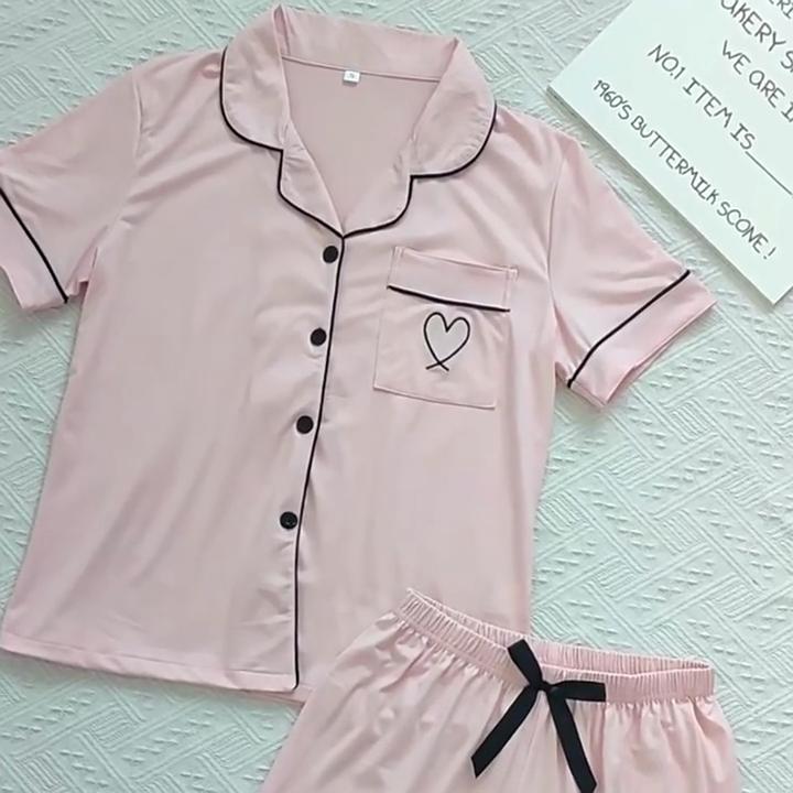 European and American Style Women’s Summer Pajama Set Short Sleeve Cardigan Shirt and Shorts Two Piece Loungewear