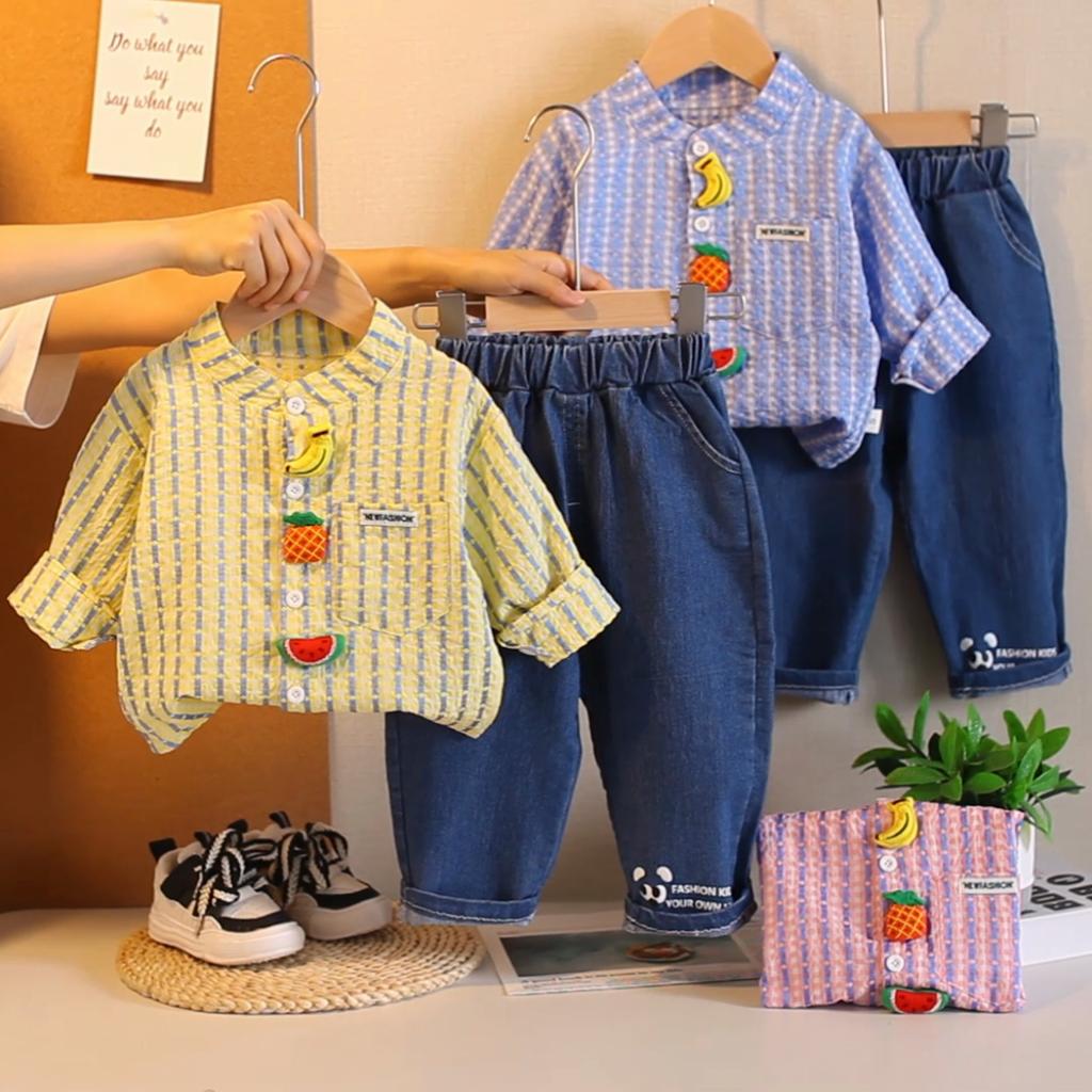 Boys' long sleeved 2-piece set, 0-5-year-old Children's fruit printed shirt, casual denim pants, High-quality children's clothing