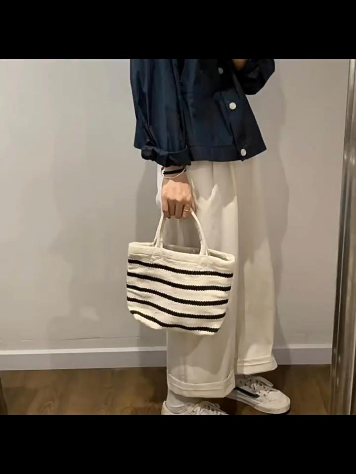 Knitted Tote Bag New Striped Canvas Handbag Women's Fashion Niche Simple Shoulder Messenger Bag