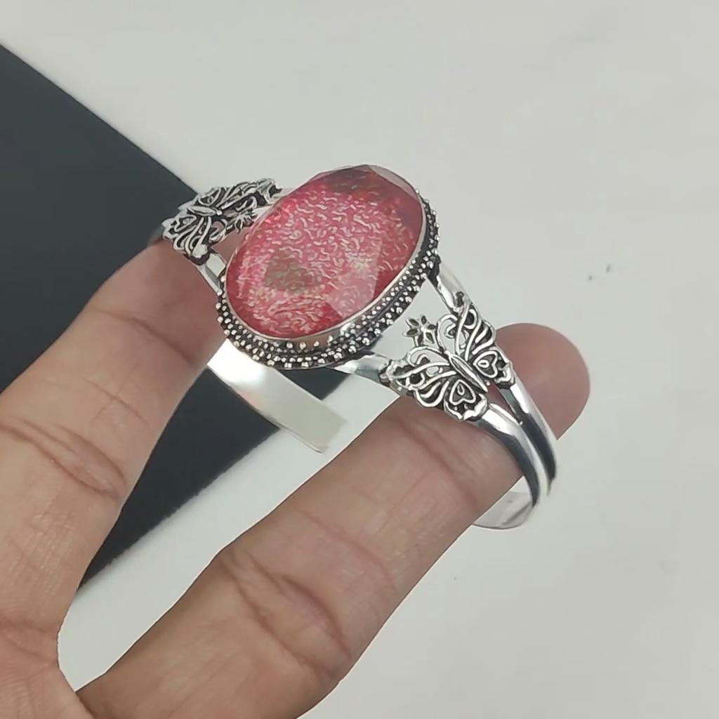 Natural Pink Outline Opal Gemstone Handmade 925 Sterling Silver Cuff Bangle, Pink Outline Opal Bangle,For Wife, Unisex Bangle, Gifts For Mom