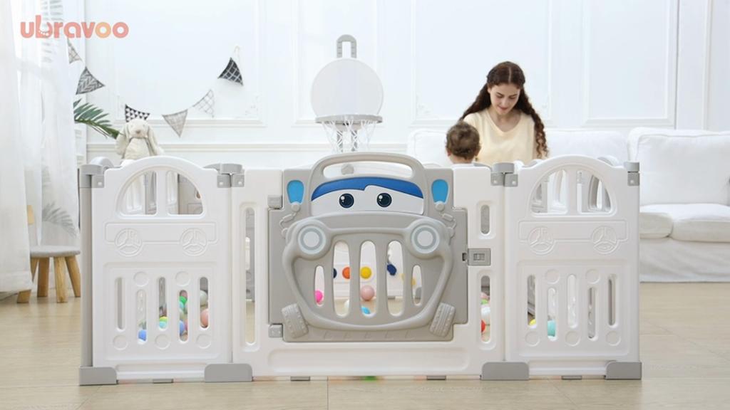 UBRAVOO Foldable Playpen with Mini Basketball Hoop and 50 Colorful Ball Pit, Baby and Toddler Car Playpen, Fun Indoor Activity Center