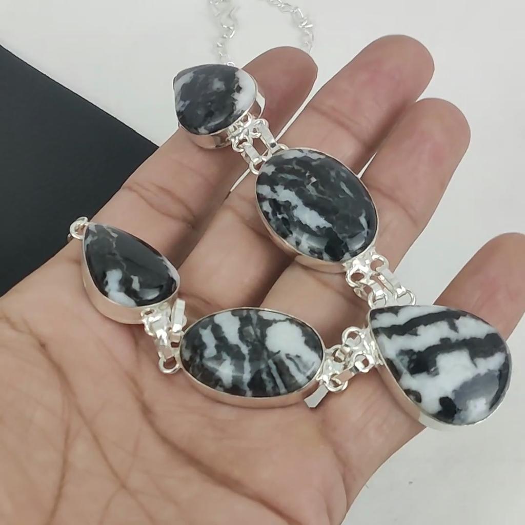 Natural Zebra Jasper Gemstone Handmade 925 Sterling Silver Necklace, Zebra Jasper Silver Necklace For Wife, Unisex Necklace Thanksgiving Gift