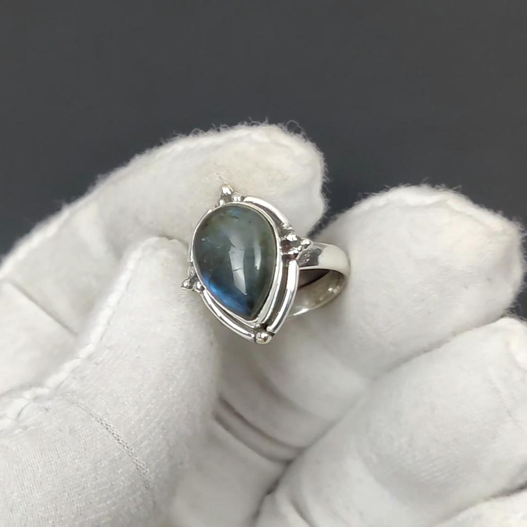 Anel ajustável de prata esterlina 925 com labradorita natural - Serve nos tamanhos 6 a 10 dos EUA - Joias Boho artesanais para mulheres e homens, presentes de dia dos namorados