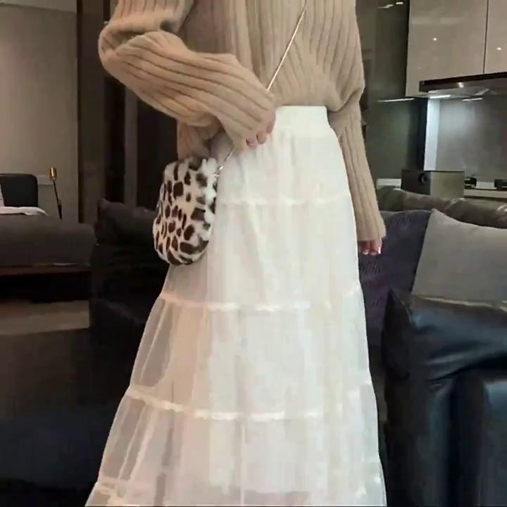 Sweet Mesh Skirts Women Korean Fahion Lace Cake Long Skirts Y2K Faldas Spring Female Elegant Chic Ruffle Maxi Skirt