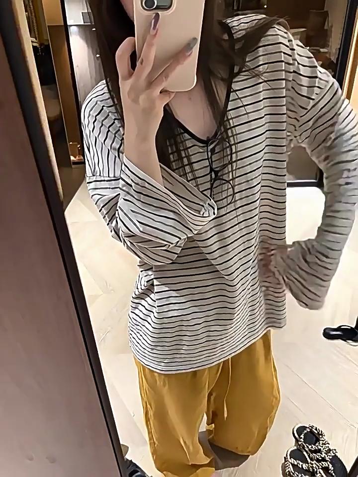 Contrast Striped Long-sleeved T-shirt for Women Summer Thin Blouse Loose Lazy Relaxed and Temperamental Top