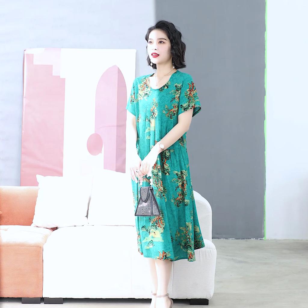 Elegant Plus Size Dress for Woman Short Sleeve Long Dresses Summer Middle-aged Women's Clothing
