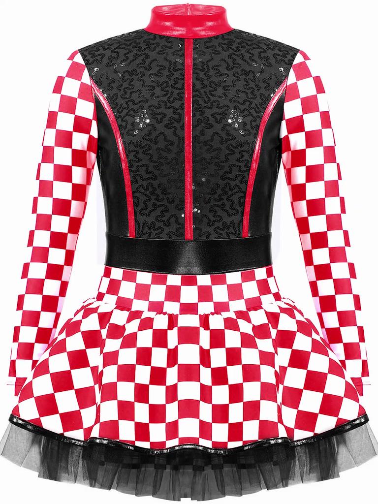 Crianças Meninas Piloto Vestir-se Corrida Motorista Traje Xadrez Pescoço Simulado Lantejoulas Patchwork Macacão Festa de Halloween Cosplay Traje