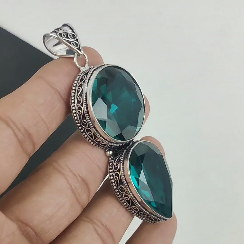 Amazing Indocolite Gemstone Pendant 925 Sterling Silver- Handmade Design, Everyday Wear Jewelry, Unique Indocolite Double Stone Pendant Gifts