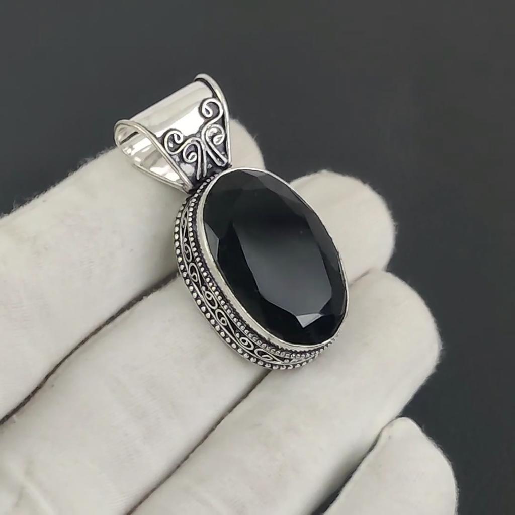 Amazing Black Spinel Gemstone Silver Pendant In 925 Sterling Silver - Handmade Pear Design, Everyday Wear Jewelry Engagement Gift
