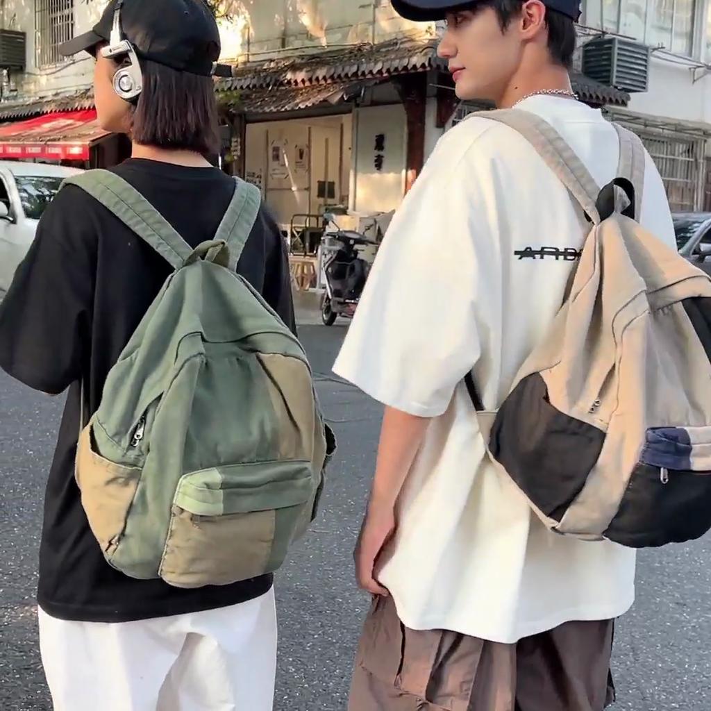 Color Block Schoolbag Women's Canvas Backpack Student Backpack for Men
