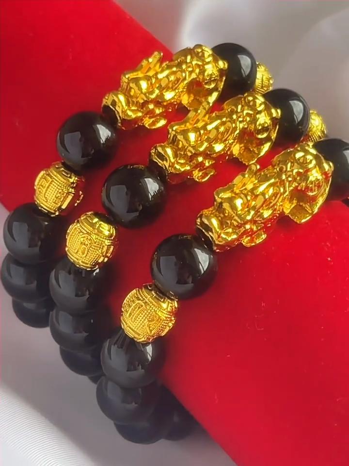Six-character Mantra Gold Beads Obsidian Gold-plated Pixiu Bracelet Men's Bracelet Ethnic Style Jewelry