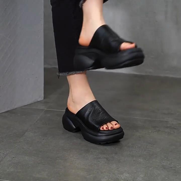 Johnature Women's Thick Soled High-heeled Peep Toed Slippers Genuine Leather Platform Sandals