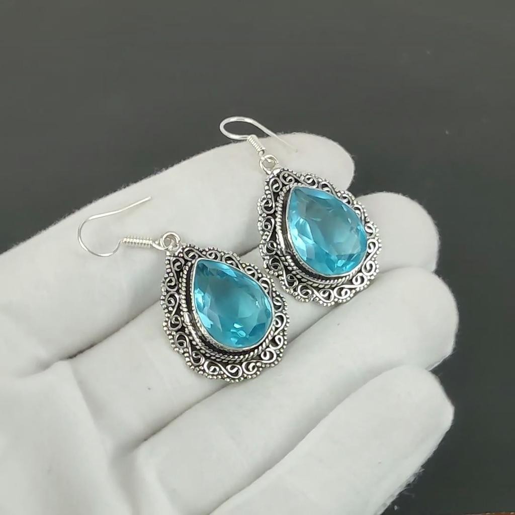 Blue Topaz Gemstone Earrings, 925 Sterling Silver Earrings, Silver Earrings For Gift, Blue Topaz Dangle Drop Earrings For Anniversary Gifts