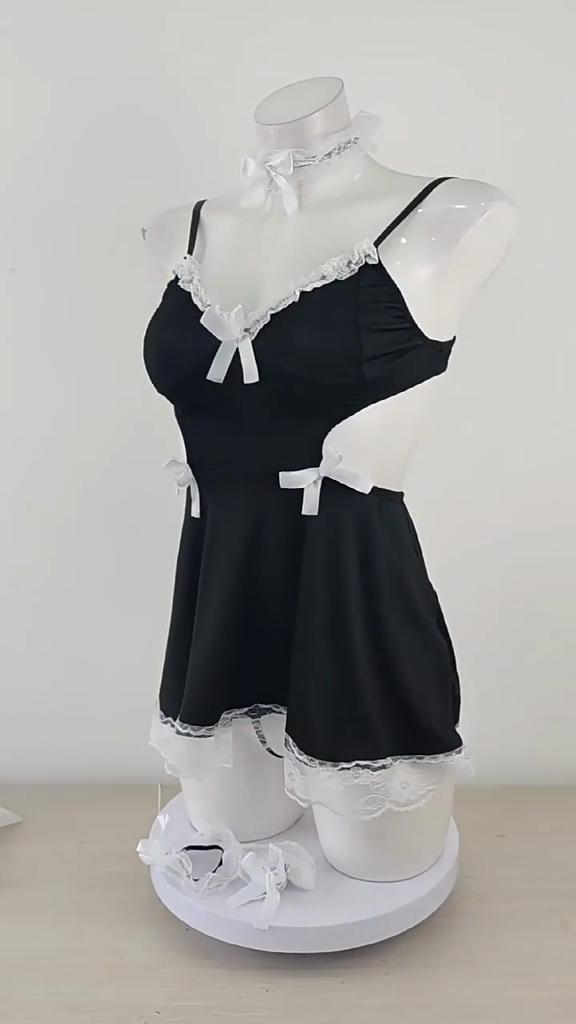 Ženy sexy spodní prádlo pokojská uniforma krajka s výstřihem do V šátkové šaty vyhloubené Lenceria cosplay anime outfit erotický kostým na role