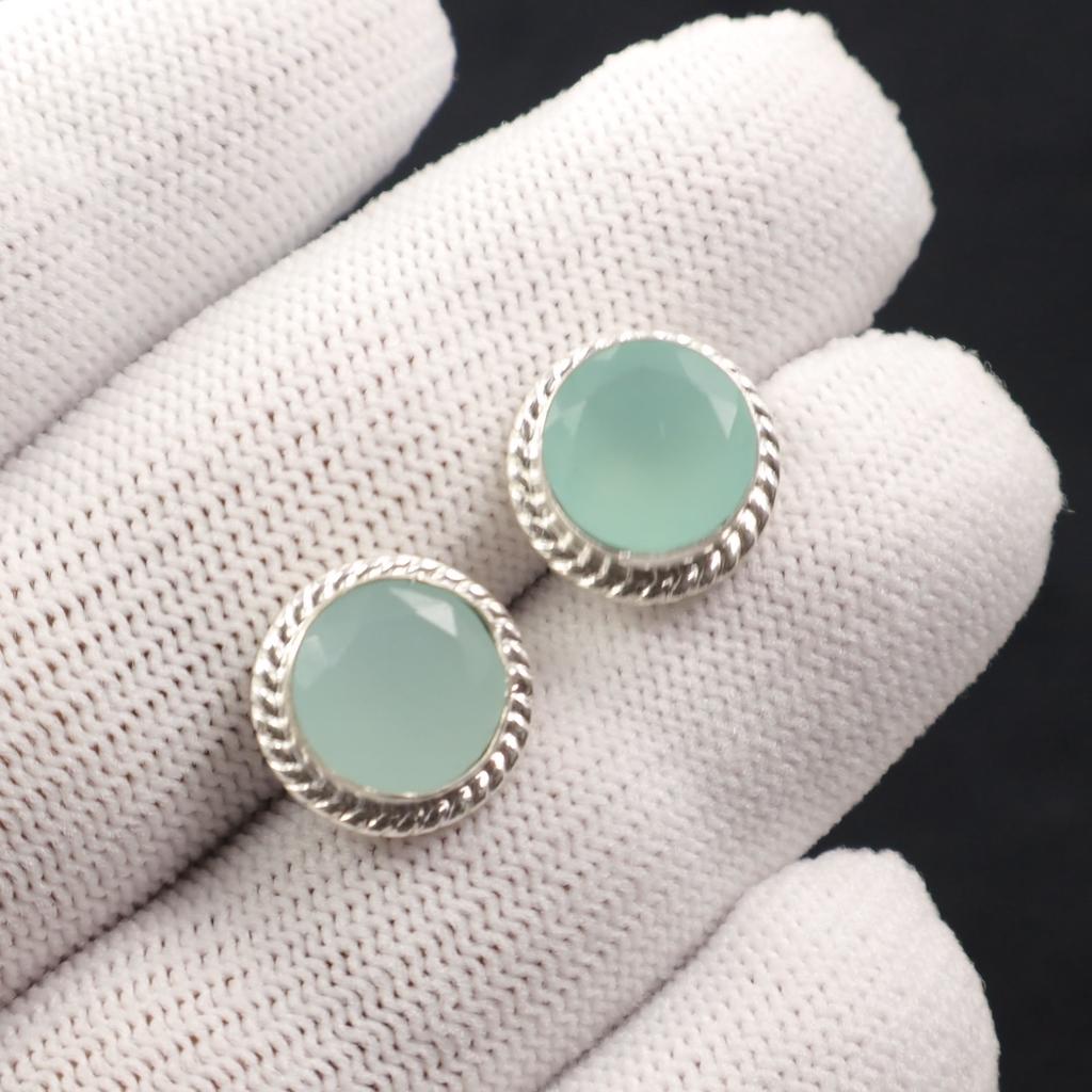 Aqua Chalcedony Gemstone 925 Solid Silver Jewelry Handmade Partywear Studs 0.53" EE-147-13
