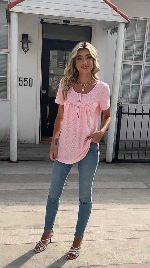 YYFS Women's Fashion Casual Summer Spring Solid Color Print Short Sleeve O-Neck Blouses & Shirts