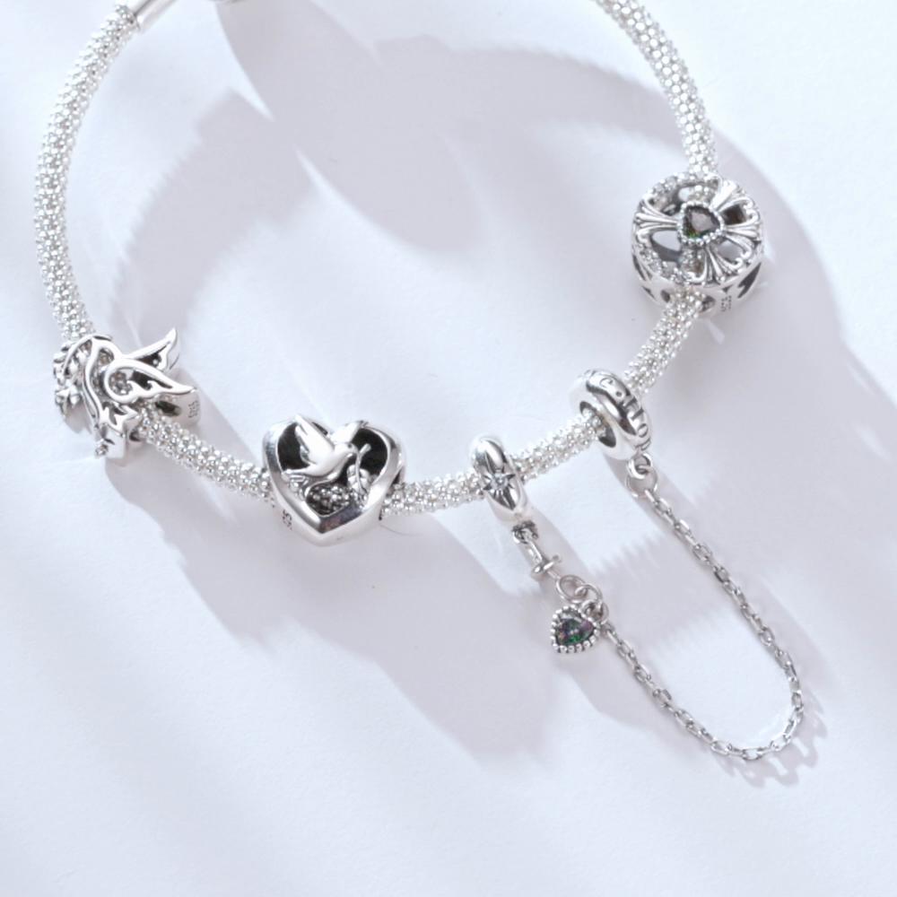 BAMOER 925 Sterling Silver Peace Charm Anti War Charm Peace & Love Silicone Safety Chain Fit Original Bracelet Necklace DIY Gift