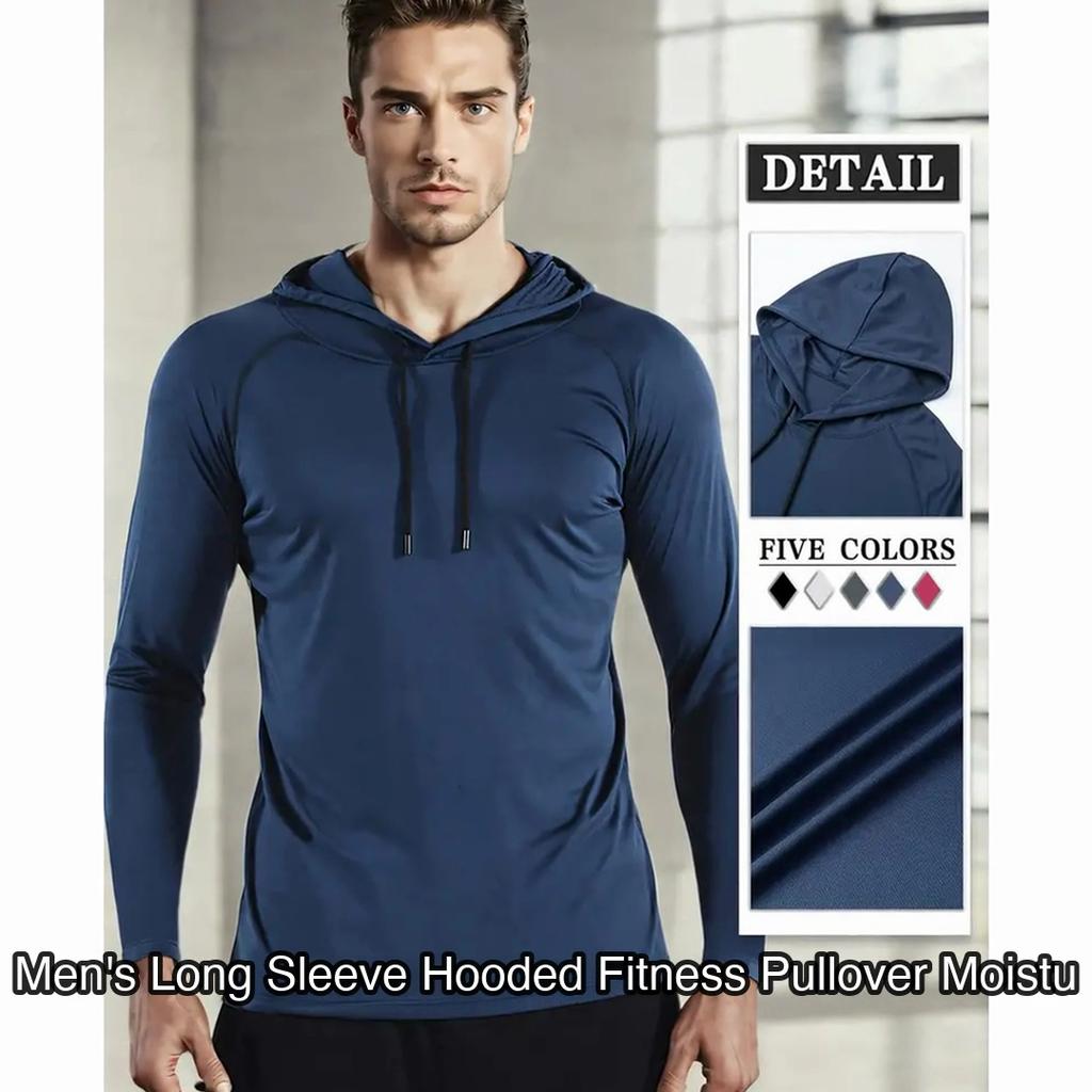 Men's Long Sleeve Hooded Fitness Pullover Moisture Wicking Quick Dry Athletic Gym Training Top, Blue