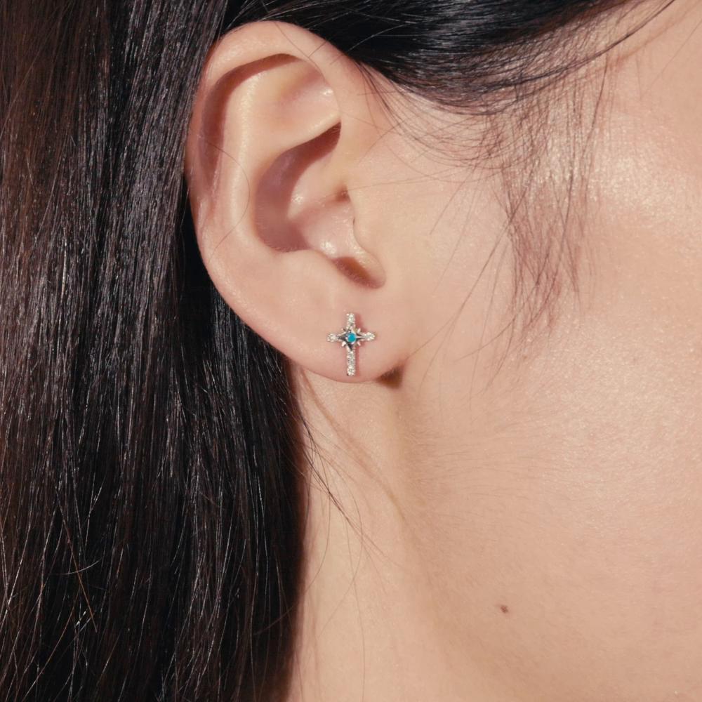 WOSTU Authentic 925 Sterling Silver Bright Cross Stud Earrings for Women Fine Turquoise Jewelry Wedding Aniversary Gift