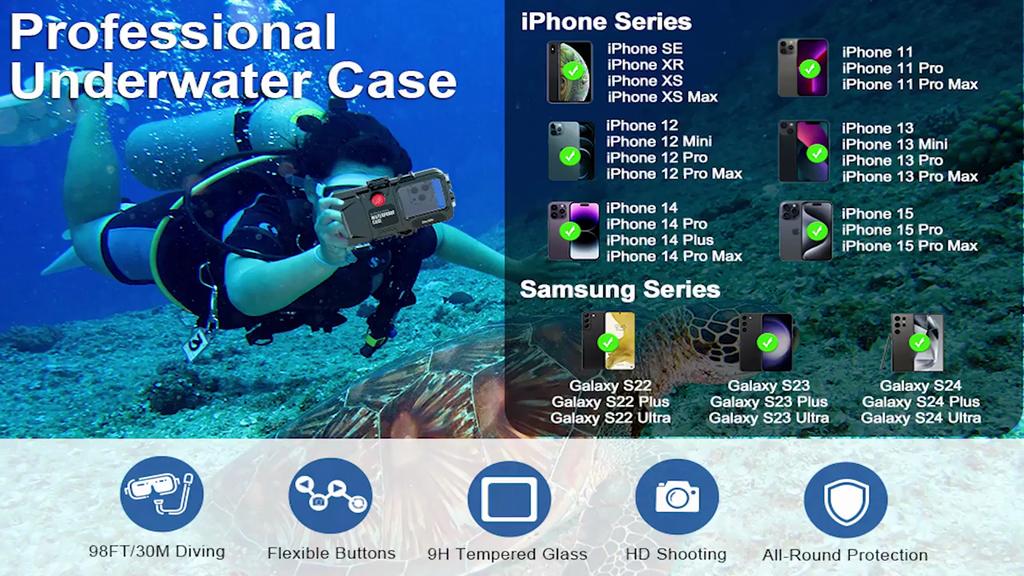 30M Bluetooth Diving Snorkeling Underwater Case Underwater Photo Video,Waterproof Housing For iPhone 16 15 14 13 12 11 Pro Max