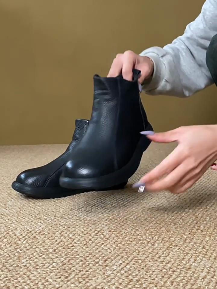 Johnature Genuine Leather Soft Soled Short Boots For Women Versatile Round Toe Warm Cotton Boots