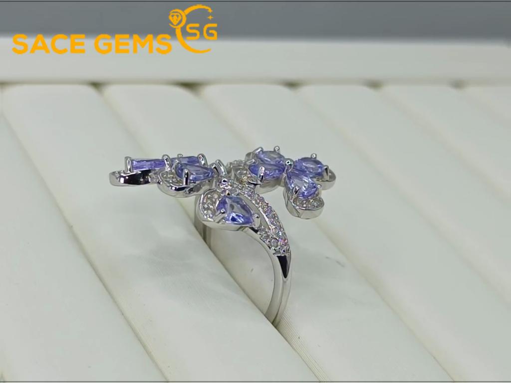Sace Gems Größenverstellbarer Ring für Damen, 925er-Sterlingsilber, natürlicher Tansanit, Braut, Hochzeit, Party, edler Schmuck, Geschenk