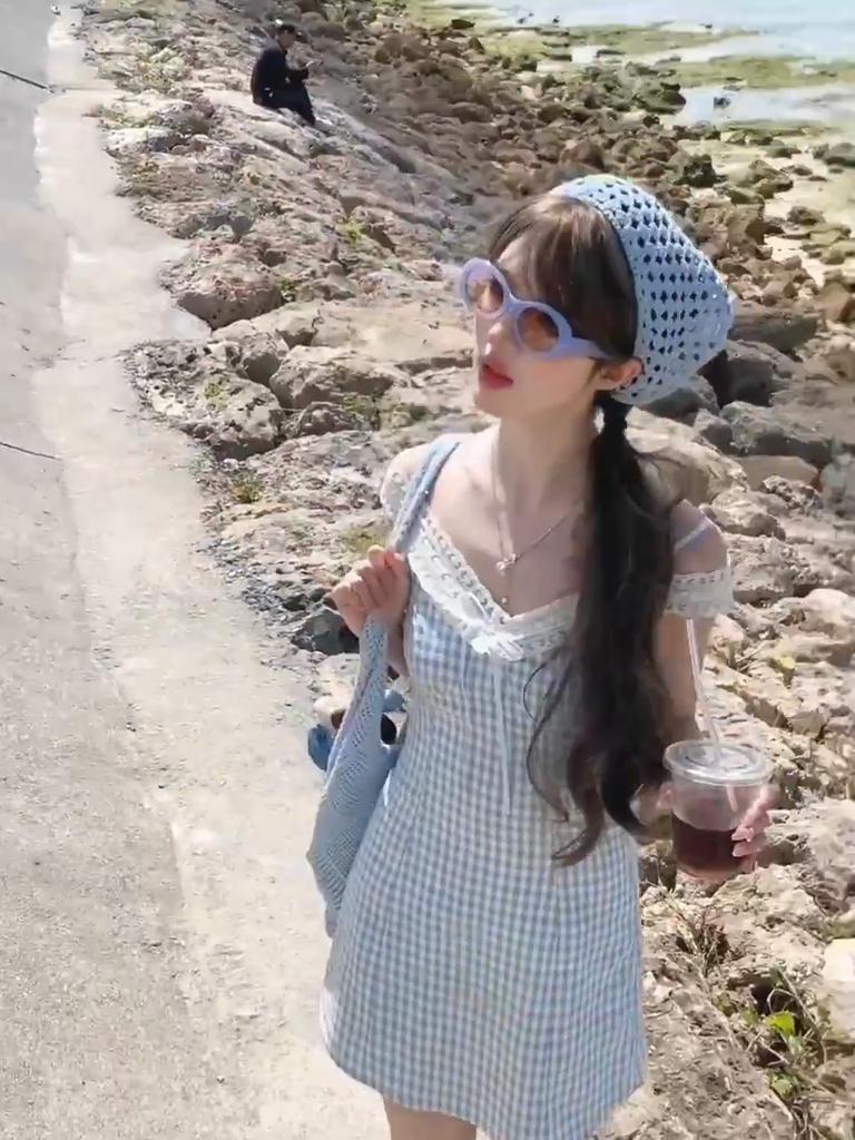 French New Y2k Sweet Plaid Strap Dresses Women Summer Chic Casual Y2K Lace Kawaii Dress Female Fairy Lace High Waist Cute Mini Dress Lady