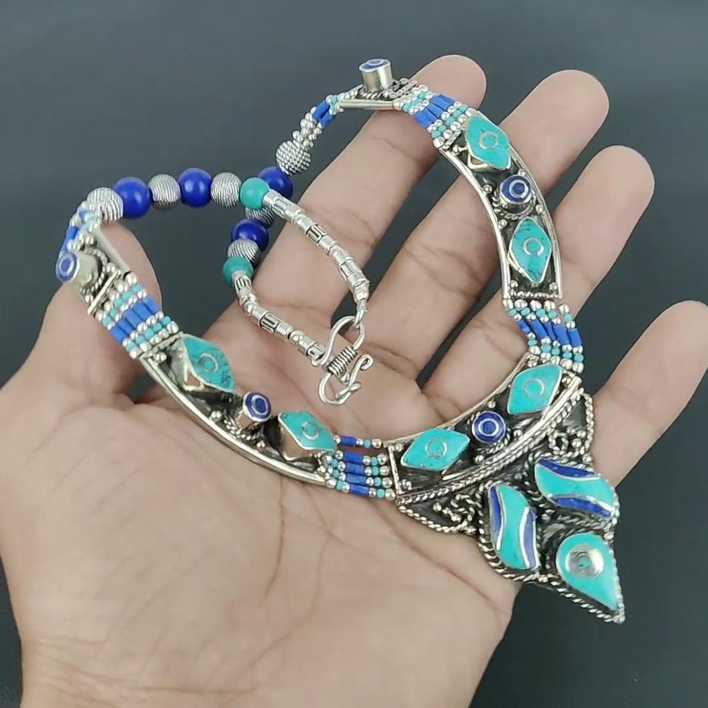 Collana in Argento Sterling 925 Turchese, Lapislazzuli Collana in Argento Tibetano Collana Bohemien Antica Gioielli Fatti a Mano Collana Nepalese Regalo per Moglie