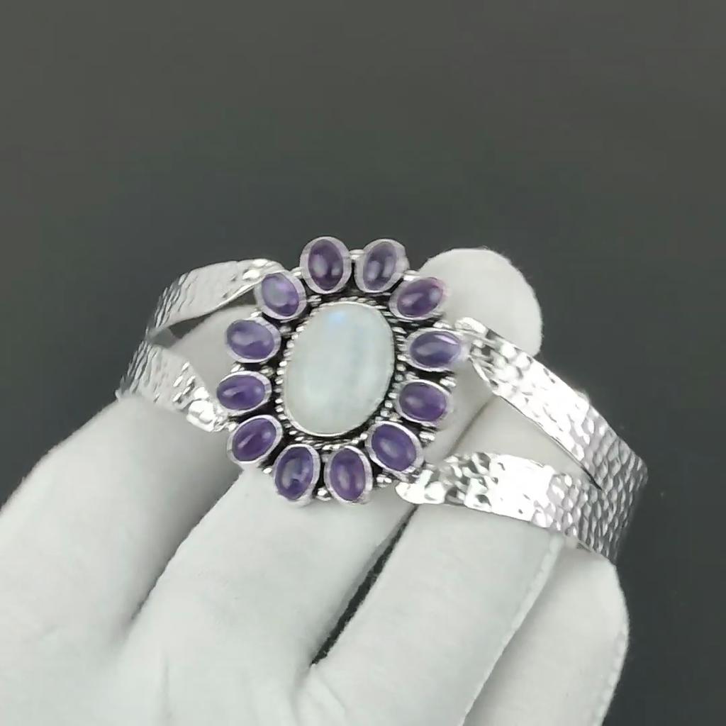 Ametist Ädelsten Handgjord Manschettarmband 925 Sterlingsilver Manschettarmband, Regnbågsmånsten Blomma Form Armband För Fru, Unisex Armband
