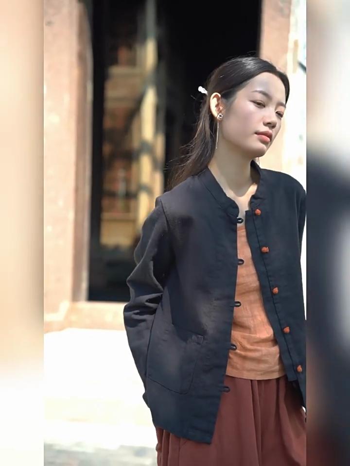 Johnature Dámské košile a topy v čínském stylu Stojáček Dlouhý rukáv Kapsy Halenky Podzimní jednobarevné košile