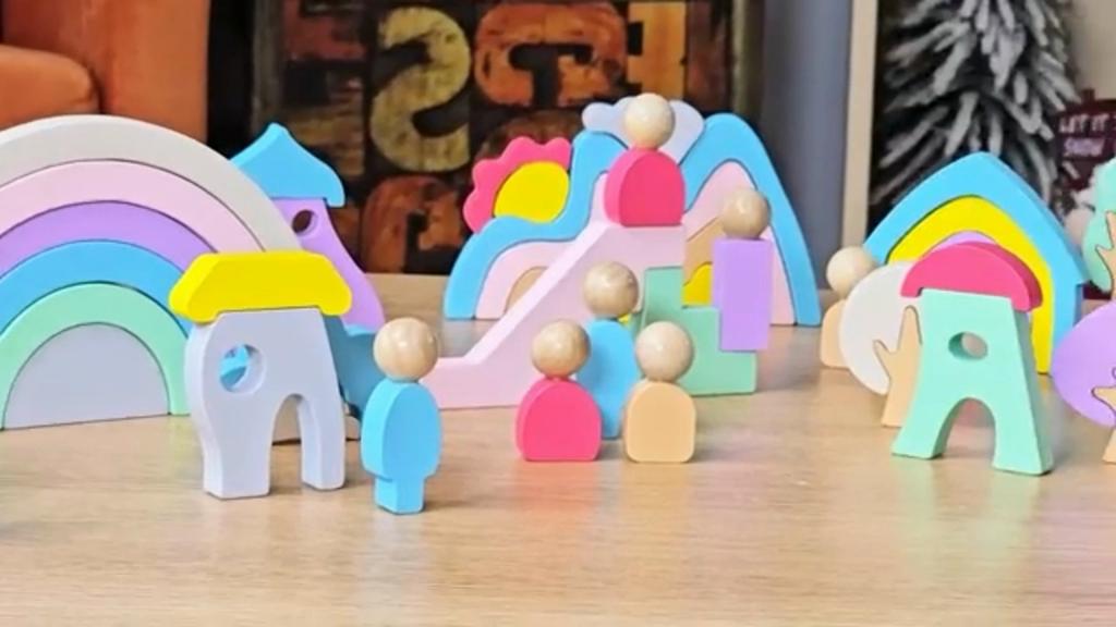 Wooden Rainbow Stacking Toys for Toddlers, 46 Pcs Stacking Building Blocks, Montessori Toys Birthday Gifts for Preschool Kids 3 4 5 Years Old
