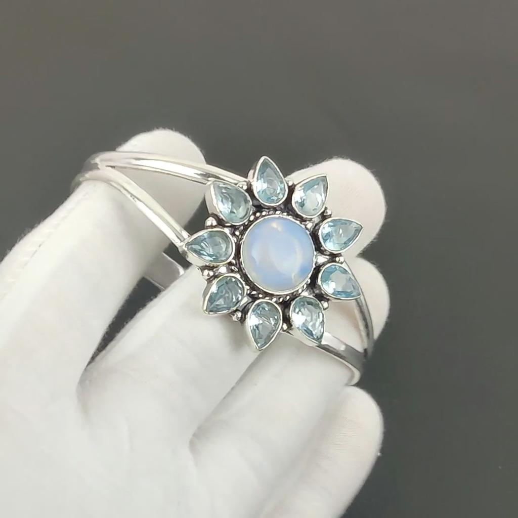 Milky Opal Gemstone Handmade Cuff Bangle 925 Sterling Silver Cuff Bangle, Blue Topaz Flower Shape Bracelet For Wife, Unisex Bangle, Love Gift