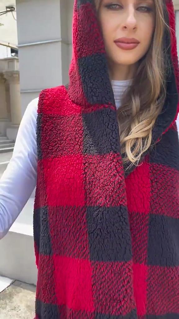 Autumn and Winter Women's Loose Fashionable Medium-length Hooded Buttonless Cardigan Plaid Plush Vest Jacket Women