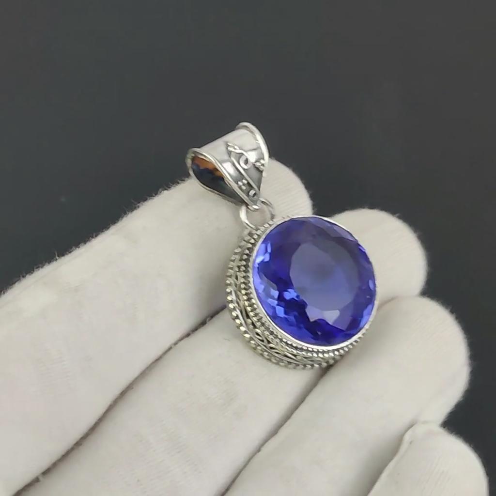 Dainty London Blue Topaz Gemstone Silver Pendant in 925 Sterling Silver - Handmade Oval Design, Everyday Wear Jewelry Gift For Love