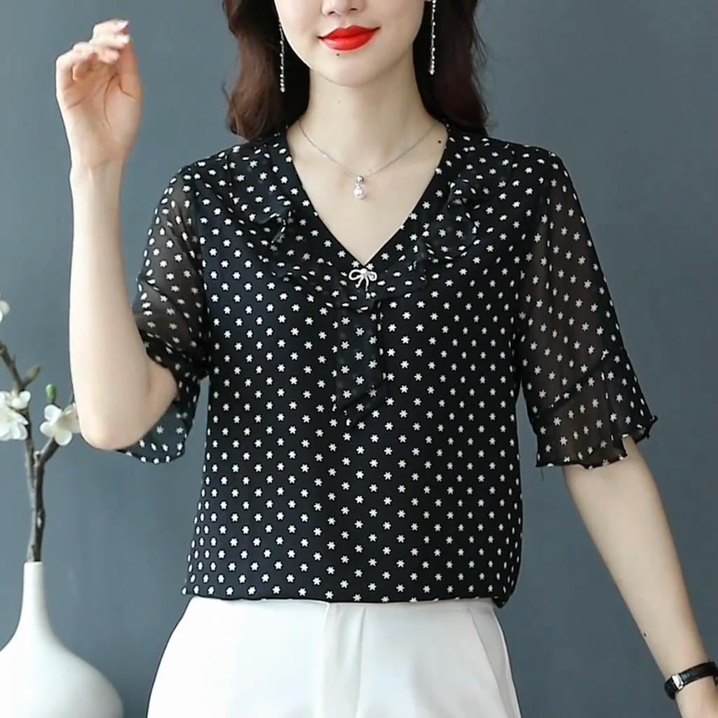 High-end Chiffon Shirt Fashionable Upscale Summer Loose Short-sleeved Top Elegant Dress Top