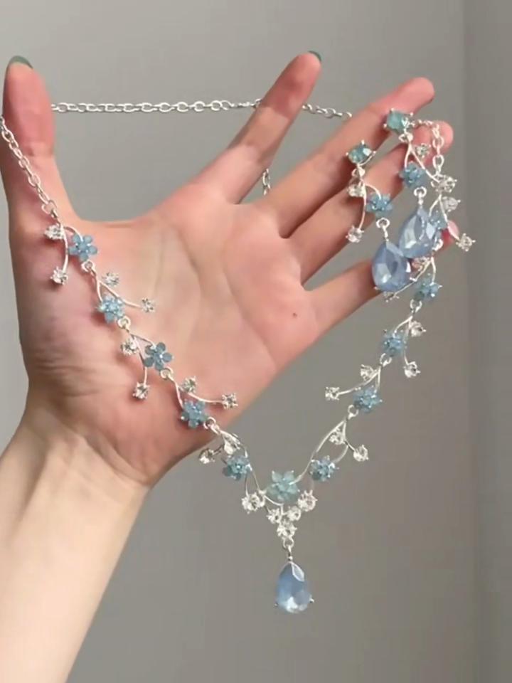 Damski Zestaw Kolczyki i Naszyjnik Niebiesko-Zielone Kwiatowe, Elegancki Zestaw Biżuterii dla Kobiet, Idealny na Imprezy i Codzienne Noszenie
