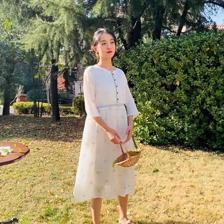 Johnature Women Vintage Dress Stand Seven Sleeve Spring Print Floral Bandage Women A-Line Dress