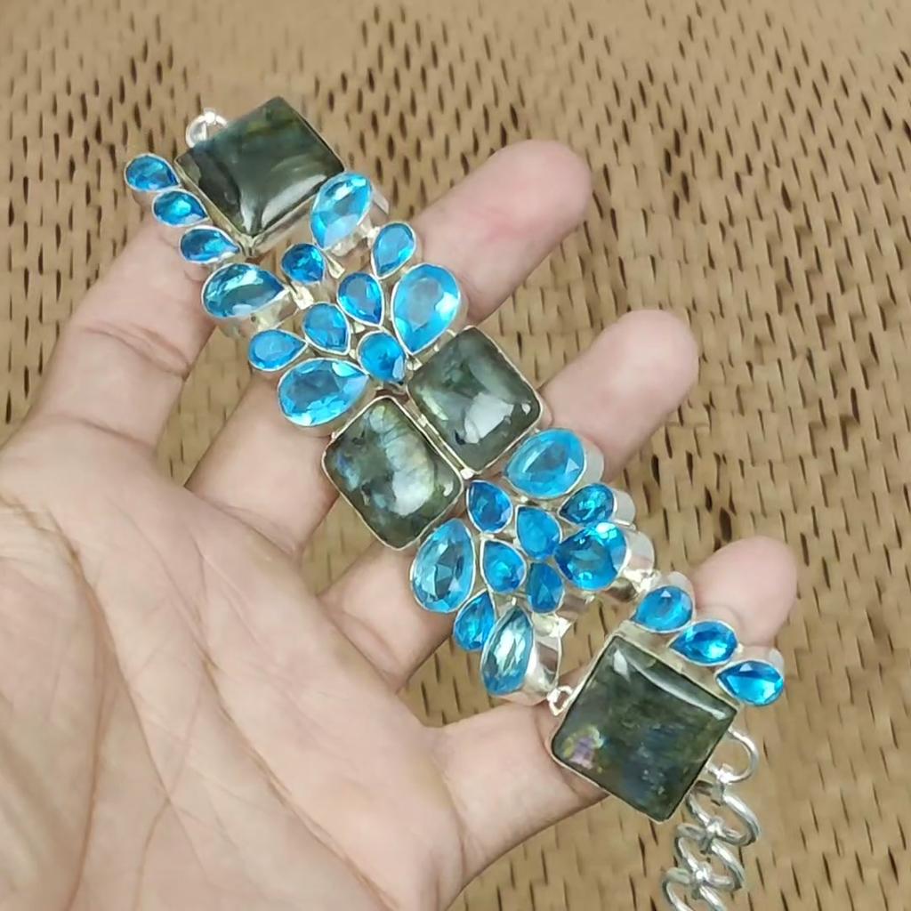 Sterling Silver Radiant Labradorite Gemstone Swiss Blue Topaz New Chain Bracelet