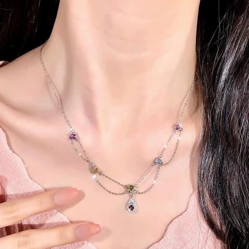 Natural Crystal Stone Rainbow Inlaid Necklace S925 Sterling Silver Collarbone Chain High-end Temperament Fashion Retro Jewelry Gift