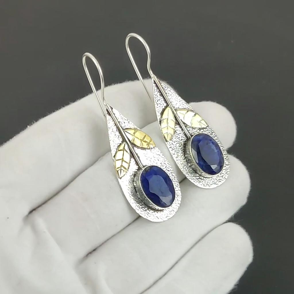 Blue Sapphire Gemstone Earrings, 925 Sterling Silver Earrings, Handmade Silver Earrings For Gift, Sapphire Dangle Earrings Valentine's Day Gift