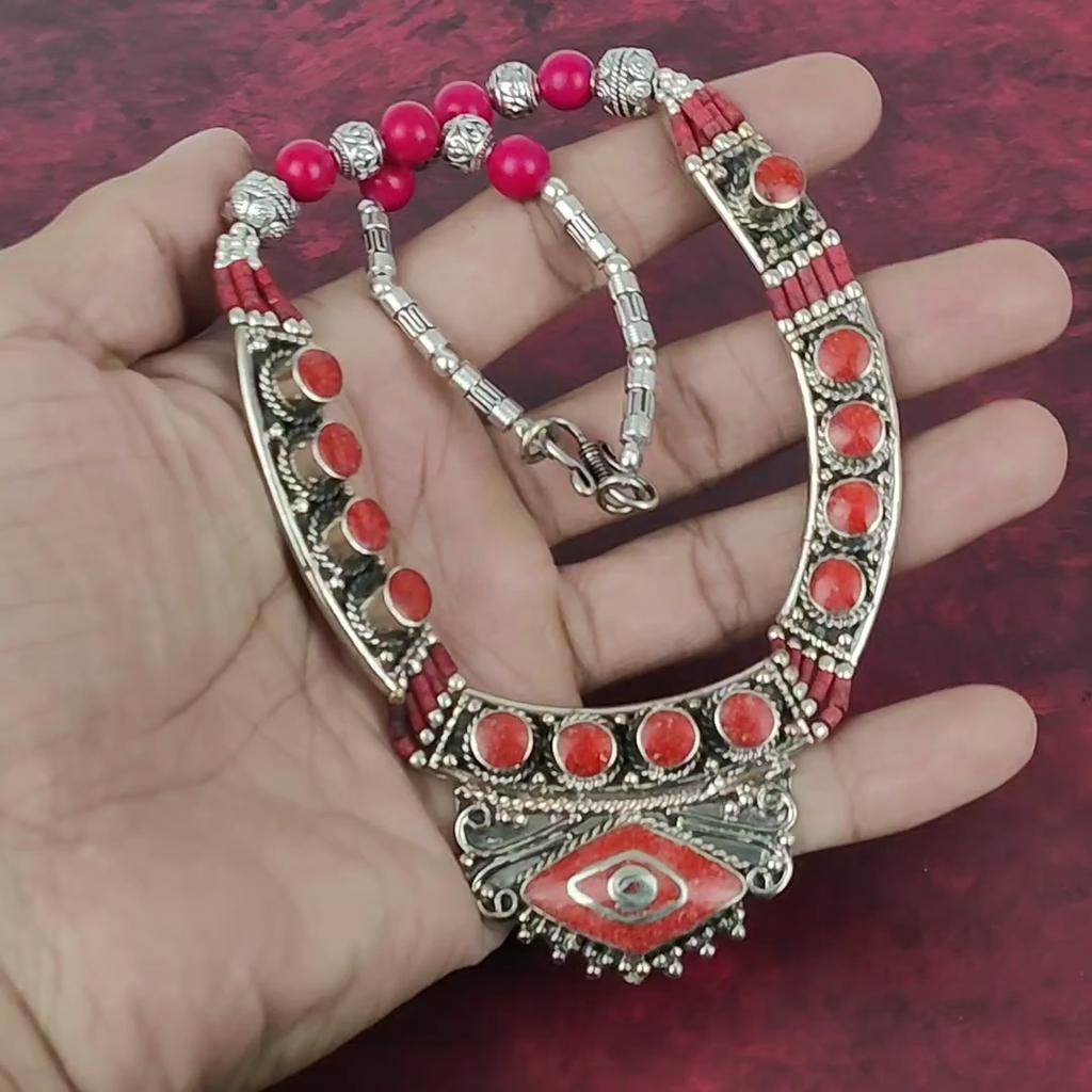 Coral Handmade Gemstone Nepali Necklace, 925 Solid Sterling Silver Antique Jewelry Adjustable Chain Necklace, For Engagement Gift