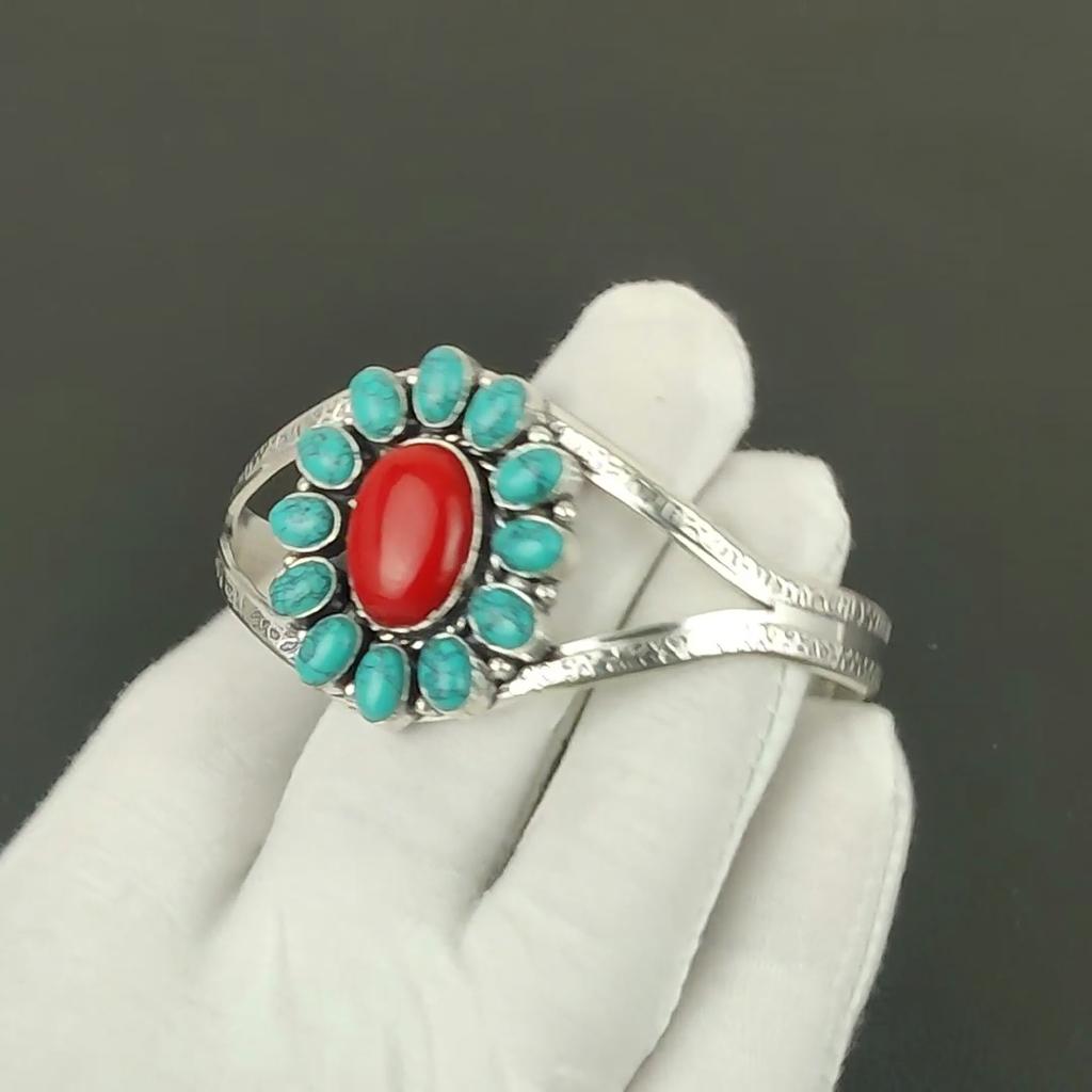 Bracelet Manchette Turquoise Pierre Précieuse Fait Main Argent Sterling 925, Bracelet Forme Fleur Corail Rouge Pour Épouse, Bracelet Unisexe