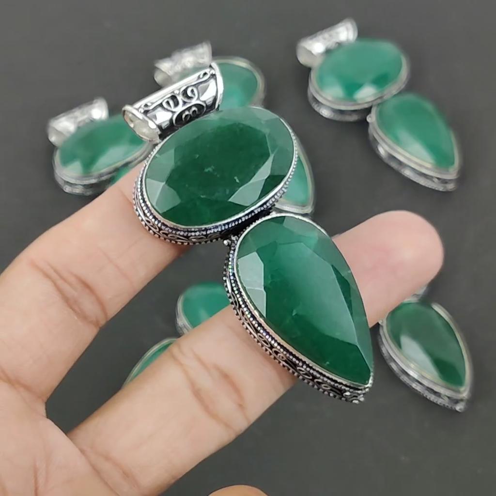 Colgante de plata de ley 925 hecho a mano con piedras preciosas de esmeralda, colgante de piedras preciosas de esmeralda doble, collar, regalos para mujeres