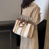 Large Capacity Canvas Bag Hand Carrying Student Class Crossbody Bag Striped Contrast Tote Bag