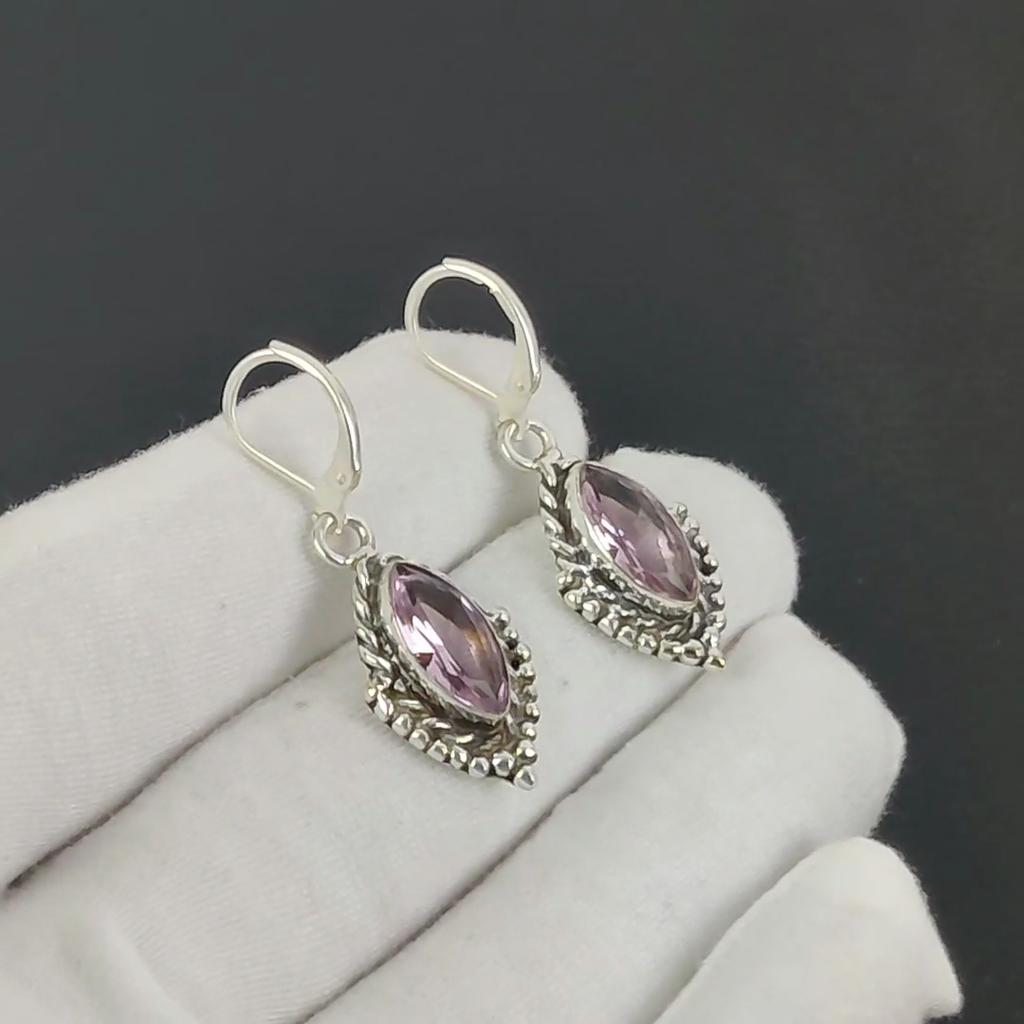 Atemberaubende rosa Kunzit Edelstein Ohrringe, 925 Sterlingsilber Ohrringe, handgefertigter Boho Silberschmuck Hängeohrringe, Verlobungsgeschenk