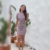 GMXIA Women's Fashion Summer Spring Solid Stripe Print Short Sleeve O-Neck High Waist Casual Dresses