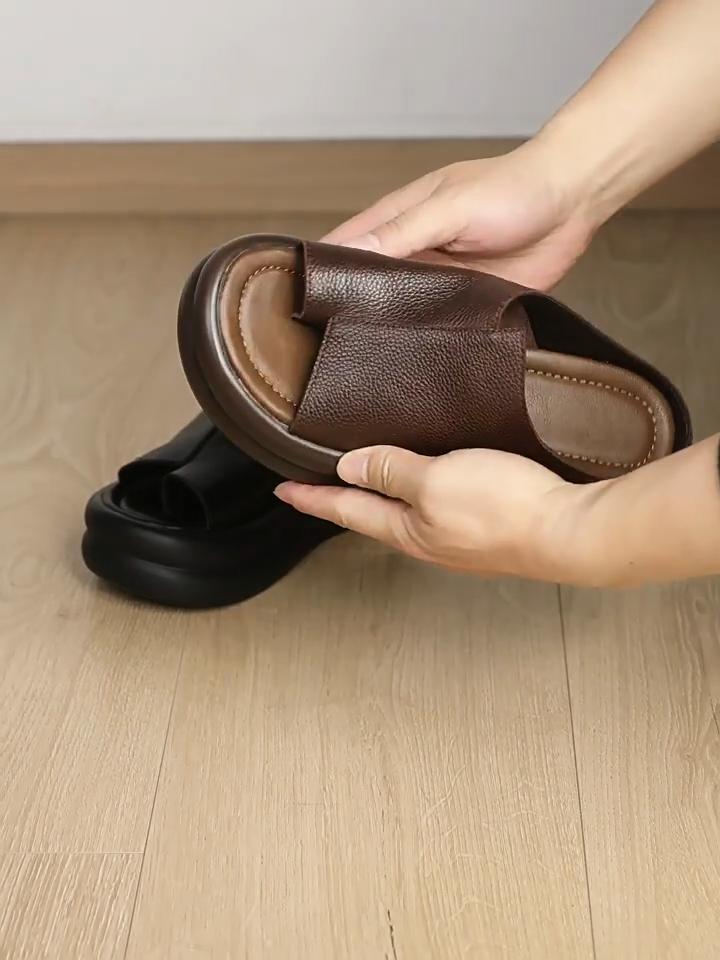 Johnature Ciabatte Zeppa Donna Suola Spessa Vera Pelle Comode Retro Sandali da Esterno